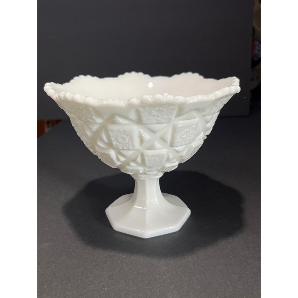 Westmoreland Milk Glass English Hobnail Footed Compote Bowl Scalloped Rim Vintag